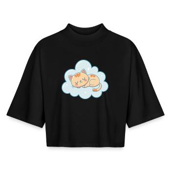Dreamy kitten on pastel sky blue cloud - Boxy Women's Recycled 1/2 Sleeved T-Shirt by Stanley/Stella - black - Front - AI Model Female 172 light (172cm)