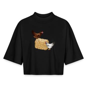 deux poulets sur une balle de paille - T-shirt femme coupe boxy recyclé manches mi-longues Stanley/Stella - noir - Devant - AI Model Female 172 light (172cm)
