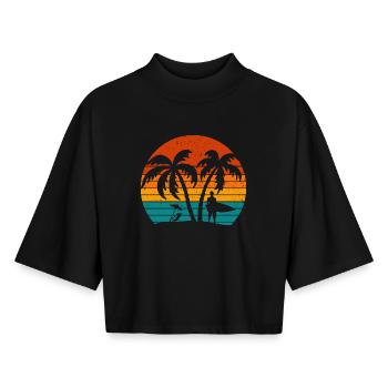 Surfing Retro Surfer Sunset  - Boxy Women's Recycled 1/2 Sleeved T-Shirt by Stanley/Stella - black - Front - AI Model Female 172 light (172cm)