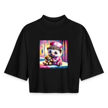 Cute hedgehog in the nursing room - Boxy Women's Recycled 1/2 Sleeved T-Shirt by Stanley/Stella - black - Front - AI Model Female 172 light (172cm)