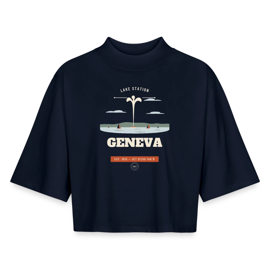 Geneva badge on a boxy women's recycled 1/2 sleeved t-shirt by stanley/stella, navy