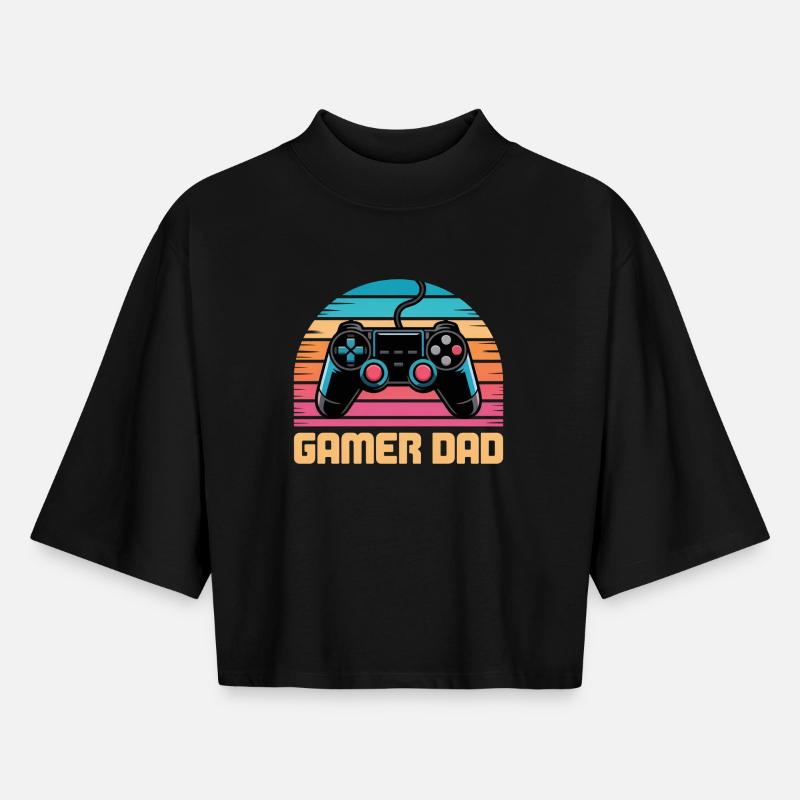 Gamer Dad Retro Controller Sunset Zocken Zocker - Boxy Women's Recycled 1/2 Sleeved T-Shirt by Stanley/Stella - black