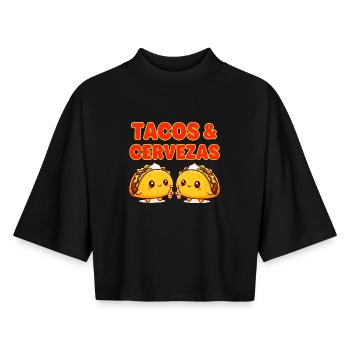 Cute Tacos & Cervezas Happy Mexican Food - Boxy Women's Recycled 1/2 Sleeved T-Shirt by Stanley/Stella - black - Front - AI Model Female 172 light (172cm)