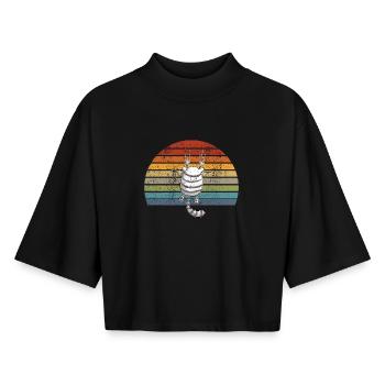 Chat suspendu I Vintage chats motif rétro bande dessinée - T-shirt femme coupe boxy recyclé manches mi-longues Stanley/Stella - noir - Devant - AI Model Female 172 light (172cm)