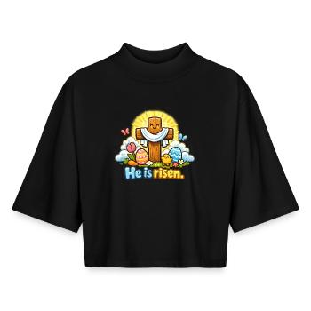 Kawaii Crucifix He is Risen Easter Jesus - Boxy Women's Recycled 1/2 Sleeved T-Shirt by Stanley/Stella - black - Front - AI Model Female 172 light (172cm)