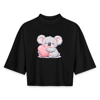 Petit koala câline le cœur - T-shirt femme coupe boxy recyclé manches mi-longues Stanley/Stella - noir - Devant - AI Model Female 172 light (172cm)