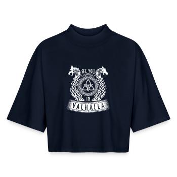 See You In Valhalla Viking Germanic Dragon Wolf - Boxy Women's Recycled 1/2 Sleeved T-Shirt by Stanley/Stella - navy - Front - AI Model Female 172 light (172cm)
