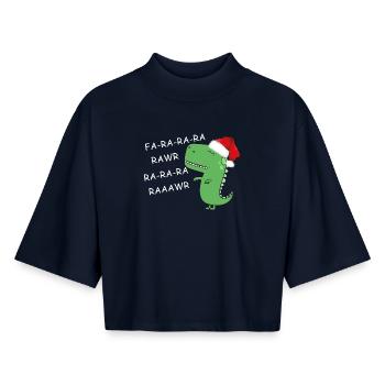 dinosaure noël - T-shirt femme coupe boxy recyclé manches mi-longues Stanley/Stella - marine - Devant - AI Model Female 172 light (172cm)