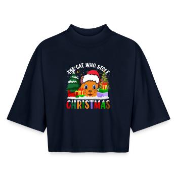 Le chat qui a volé Noël pour Cat Lovers - T-shirt femme coupe boxy recyclé manches mi-longues Stanley/Stella - marine - Devant - AI Model Female 172 light (172cm)