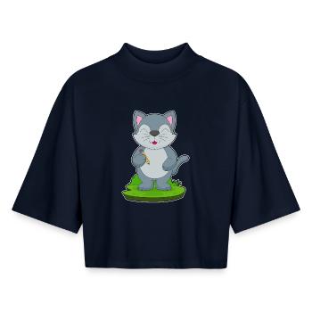 École du Crayon des Élèves Chats - T-shirt femme coupe boxy recyclé manches mi-longues Stanley/Stella - marine - Devant - AI Model Female 172 light (172cm)