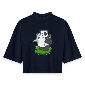 Panda Pêcheur Pêche Aux Poissons - T-shirt femme coupe boxy recyclé manches mi-longues Stanley/Stella - marine - Devant - AI Model Female 172 light (172cm)