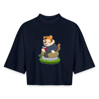 Lunettes de livres Tiger Nerd - T-shirt femme coupe boxy recyclé manches mi-longues Stanley/Stella - marine - Devant - AI Model Female 172 light (172cm)