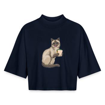Sandwich au chat siamois - T-shirt femme coupe boxy recyclé manches mi-longues Stanley/Stella - marine - Devant - AI Model Female 172 light (172cm)