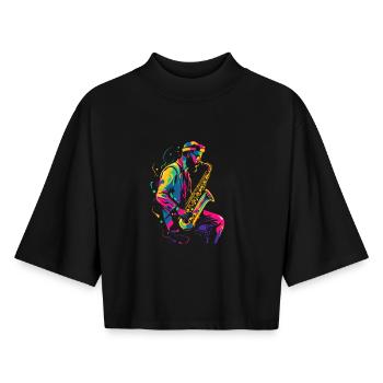 Look saxophoniste des années 90 - T-shirt femme coupe boxy recyclé manches mi-longues Stanley/Stella - noir - Devant - AI Model Female 172 light (172cm)