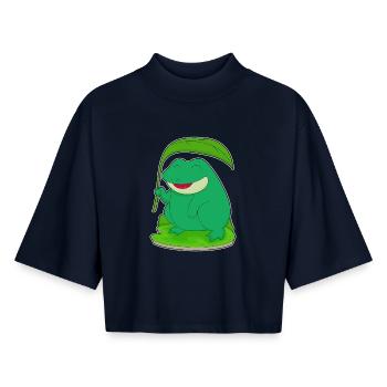 Frog with leaf as a parasol - Boxy Women's Recycled 1/2 Sleeved T-Shirt by Stanley/Stella - navy - Front - AI Model Female 172 light (172cm)