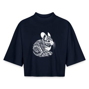 Chinchilla tribal - T-shirt femme coupe boxy recyclé manches mi-longues Stanley/Stella - marine - Devant - AI Model Female 172 light (172cm)