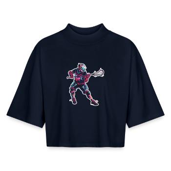 Lacrosse Player Graphics - Boxy Women's Recycled 1/2 Sleeved T-Shirt by Stanley/Stella - navy - Front - AI Model Female 172 light (172cm)