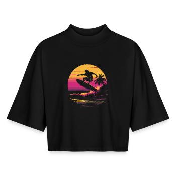 Surfer 90er Jahre - Boxy Frauen Recyceltes 1/2 Sleeved T-Shirt by Stanley/Stella - Schwarz - Vorne - AI Model Female 172 light (172cm)