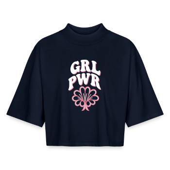 Femmes Pouvoir GRL PWR Fille Patriarcat Féminisme - T-shirt femme coupe boxy recyclé manches mi-longues Stanley/Stella - marine - Devant - AI Model Female 172 light (172cm)