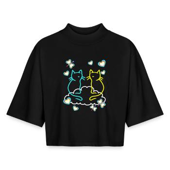 Rétro Chats Chat Enfants Filles Garçons Ados - T-shirt femme coupe boxy recyclé manches mi-longues Stanley/Stella - noir - Devant - AI Model Female 172 light (172cm)