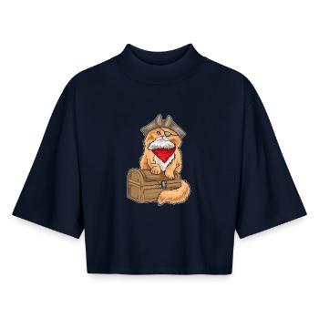 Persian Cat Pirate Treasure Chest - Boxy Women's Recycled 1/2 Sleeved T-Shirt by Stanley/Stella - navy - Front - AI Model Female 172 light (172cm)