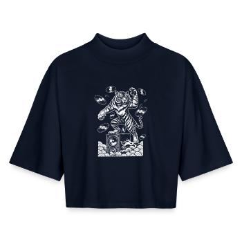 Chemise Music Big Cat : Vinyl Vibes & Tiger Sound - T-shirt femme coupe boxy recyclé manches mi-longues Stanley/Stella - marine - Devant - AI Model Female 172 light (172cm)
