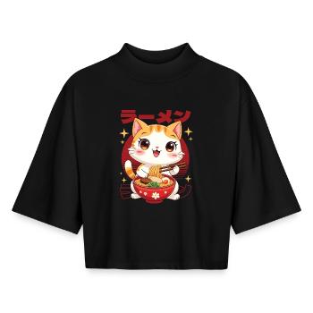 Kitten with ramen in kawaii style - Boxy Women's Recycled 1/2 Sleeved T-Shirt by Stanley/Stella - black - Front - AI Model Female 172 light (172cm)