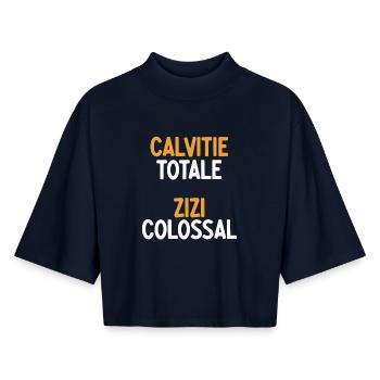 Calvitie Totale Zizi Colossal Humour Chauve & Fier - T-shirt femme coupe boxy recyclé manches mi-longues Stanley/Stella - marine - Devant - AI Model Female 172 light (172cm)