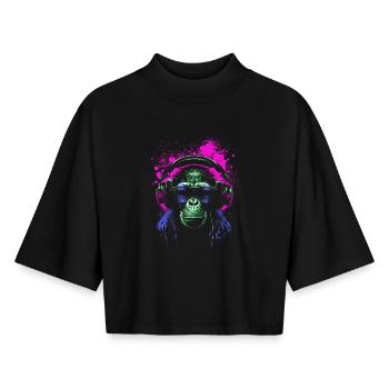 Chimpanzé Musicien Psychedelique - T-shirt femme coupe boxy recyclé manches mi-longues Stanley/Stella - noir - Devant - AI Model Female 172 light (172cm)