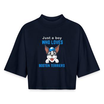 Boston Terrier Garçon Love T-Shirt Graphique - T-shirt femme coupe boxy recyclé manches mi-longues Stanley/Stella - marine - Devant - AI Model Female 172 light (172cm)