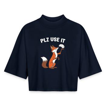 Un renard drôle avec un cerveau, utilisez-le s'il vous plaît - T-shirt femme coupe boxy recyclé manches mi-longues Stanley/Stella - marine - Devant - AI Model Female 172 light (172cm)