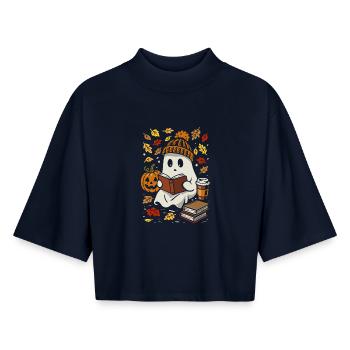 Fantôme avec livre et café - Costume d'Halloween - T-shirt femme coupe boxy recyclé manches mi-longues Stanley/Stella - marine - Devant - AI Model Female 172 light (172cm)