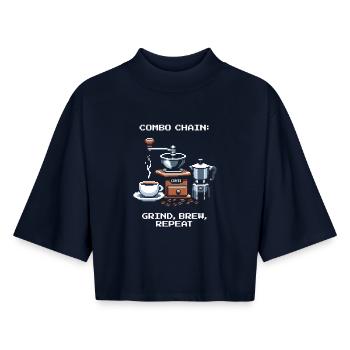 Combo chain: Grind, Brew, Repeat | Coffee - Boxy Women's Recycled 1/2 Sleeved T-Shirt by Stanley/Stella - navy - Front - AI Model Female 172 light (172cm)