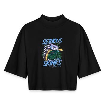 Wir nehmen die Blauzungenskinke seit 1931 ernst - Boxy Frauen Recyceltes 1/2 Sleeved T-Shirt by Stanley/Stella - Schwarz - Vorne - AI Model Female 172 light (172cm)