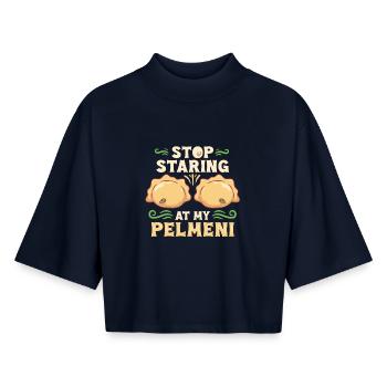 Pelmeni Pelmenis Stop Staring At My Pelmeni - Boxy Frauen Recyceltes 1/2 Sleeved T-Shirt by Stanley/Stella - Navy - Vorne - AI Model Female 172 light (172cm)