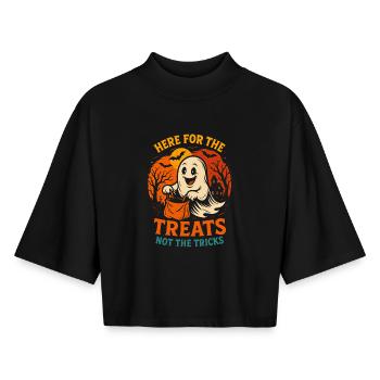 Hier für die Leckereien lustiger Halloween-Spruch - Boxy Frauen Recyceltes 1/2 Sleeved T-Shirt by Stanley/Stella - Schwarz - Vorne - AI Model Female 172 light (172cm)