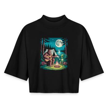 Bigfoot au feu de camp avec extraterrestre - T-shirt femme coupe boxy recyclé manches mi-longues Stanley/Stella - noir - Devant - AI Model Female 172 light (172cm)