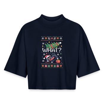 Chemise de Noël chat – Quoi ? Style pull moche - T-shirt femme coupe boxy recyclé manches mi-longues Stanley/Stella - marine - Devant - AI Model Female 172 light (172cm)