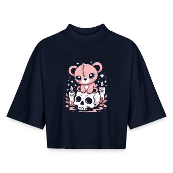 Kawaii Pastel Goth Patched Bear - T-shirt femme coupe boxy recyclé manches mi-longues Stanley/Stella - marine - Devant - AI Model Female 172 light (172cm)