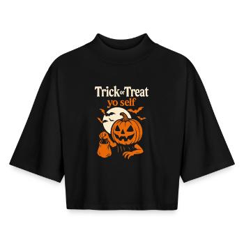 Süßes oder Saures Yo Self Halloween Lustiges Kostüm - Boxy Frauen Recyceltes 1/2 Sleeved T-Shirt by Stanley/Stella - Schwarz - Vorne - AI Model Female 172 light (172cm)