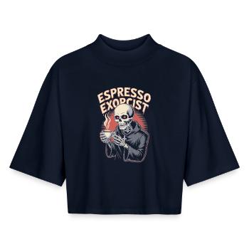 Espresso Exorcist Skeleton Sipping Coffee Design - Boxy Women's Recycled 1/2 Sleeved T-Shirt by Stanley/Stella - navy - Front - AI Model Female 172 light (172cm)