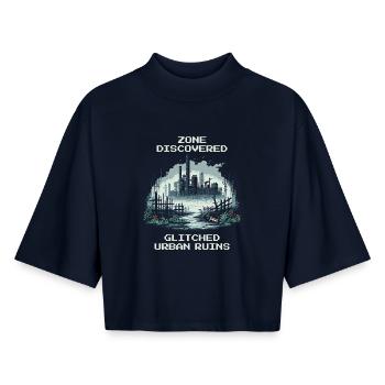 Zone découverte : Ruines de la ville bugged - T-shirt femme coupe boxy recyclé manches mi-longues Stanley/Stella - marine - Devant - AI Model Female 172 light (172cm)