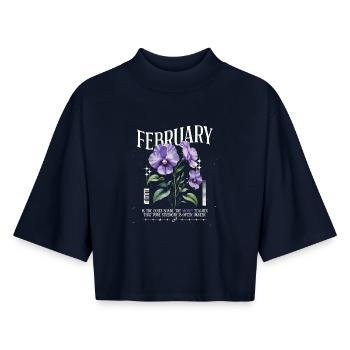 Février Violette Naissance Fleur - T-shirt femme coupe boxy recyclé manches mi-longues Stanley/Stella - marine - Devant - AI Model Female 172 light (172cm)