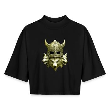 Wikinger Helm Wolf - Boxy Frauen Recyceltes 1/2 Sleeved T-Shirt by Stanley/Stella - Schwarz - Vorne - AI Model Female 172 light (172cm)