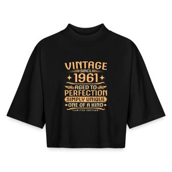 Vintage 1961 Vintage Born - 65 Years Old - Boxy Women's Recycled 1/2 Sleeved T-Shirt by Stanley/Stella - black - Front - AI Model Female 172 light (172cm)