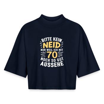 70er Jubel Shirt – Kein Neid , gut aussehen - Boxy Frauen Recyceltes 1/2 Sleeved T-Shirt by Stanley/Stella - Navy - Vorne - AI Model Female 172 light (172cm)