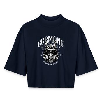 Couronnes Crâne Guerrier Germanique - T-shirt femme coupe boxy recyclé manches mi-longues Stanley/Stella - marine - Devant - AI Model Female 172 light (172cm)