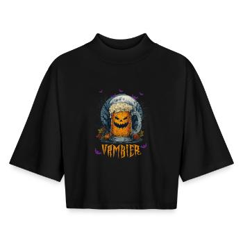 Vambier - Joyeux Halloween - T-shirt femme coupe boxy recyclé manches mi-longues Stanley/Stella - noir - Devant - AI Model Female 172 light (172cm)