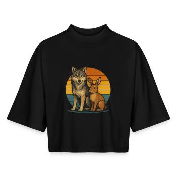Wolf und Hase Retro - Boxy Frauen Recyceltes 1/2 Sleeved T-Shirt by Stanley/Stella - Schwarz - Vorne - AI Model Female 172 light (172cm)