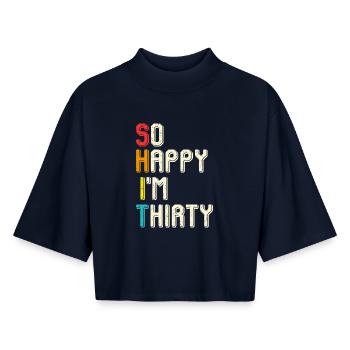 Tellement heureux, j’ai trente ans - T-shirt femme coupe boxy recyclé manches mi-longues Stanley/Stella - marine - Devant - AI Model Female 172 light (172cm)